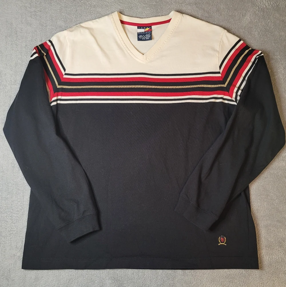 Vintage 90s Tommy Hilfiger Crest Logo Long Sleeve V-Neck. Men's Shirt - Size XL
